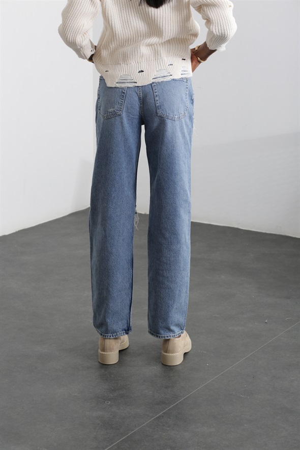 Mavi Yırtık Detay Wide Leg Jean 40