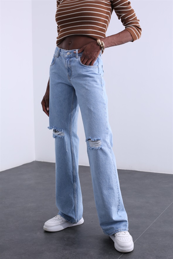 Mavi Yüksek Bel Yırtıklı Wide Leg Jean 81
