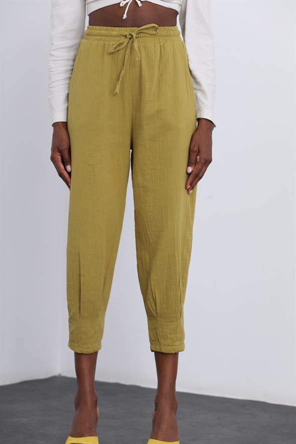 Olive Paçası Pileli Müslin Pantolon 0255