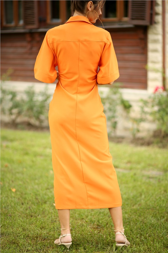 Oranj Önü Büzgülü Gömlek Yaka Elbise 018