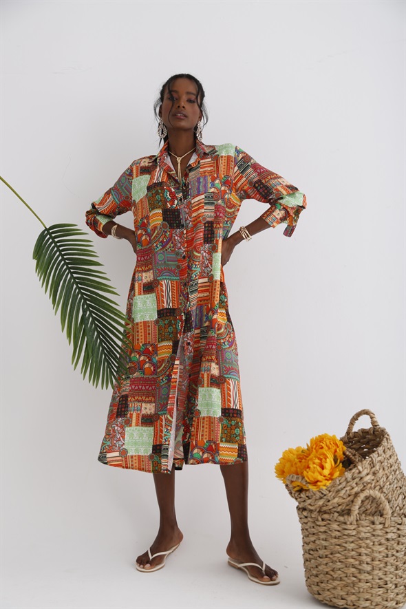 Oranj Patchwork Desenli Gömlek Elbise 028