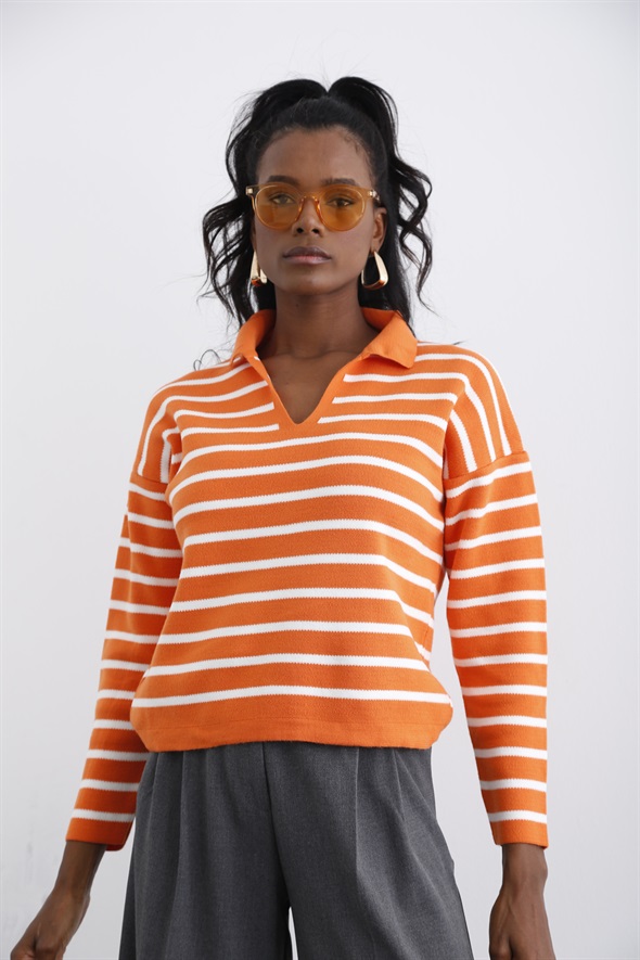 Oranj Polo Yaka Çizgili Triko 13553