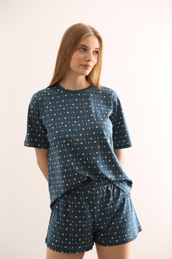 Petrol Mavisi Çam Ağacı Desenli  Şortlu Pijama Takım 