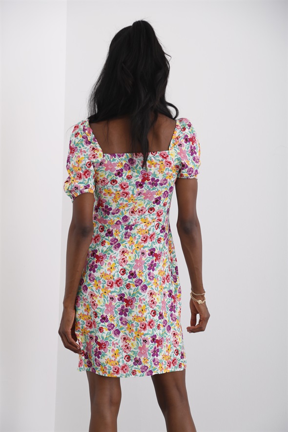 Renkli Mini Yırtmaçlı Çiçekli Elbise 3499