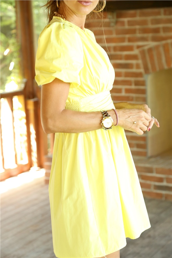 Sarı Balon Kol Mini Elbise 036