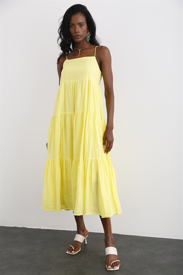 Sarı Spagetti Askılı Katlı Elbise 3818