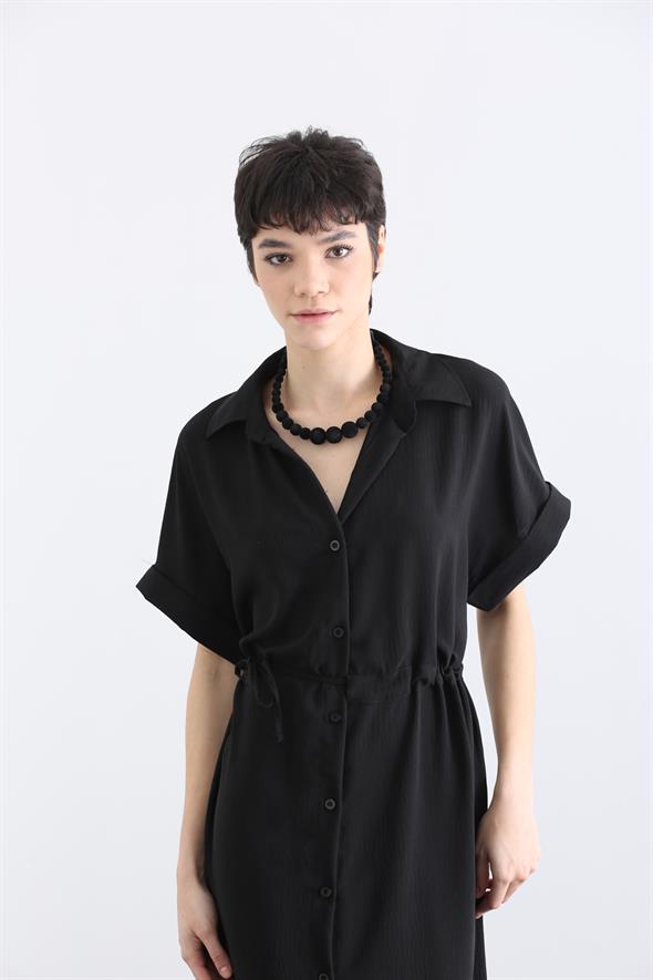 Siyah Beli Büzgülü Gömlek Elbise 