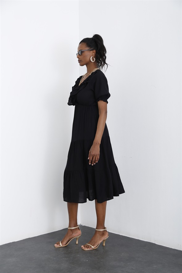 Siyah Beli Lastikli Fırfırlı Elbise 4255