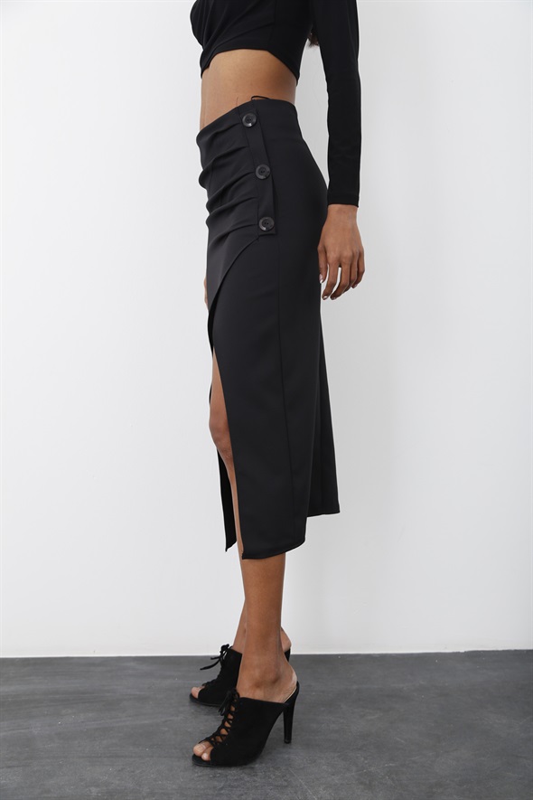 Siyah Drape Detaylı Midi Etek 