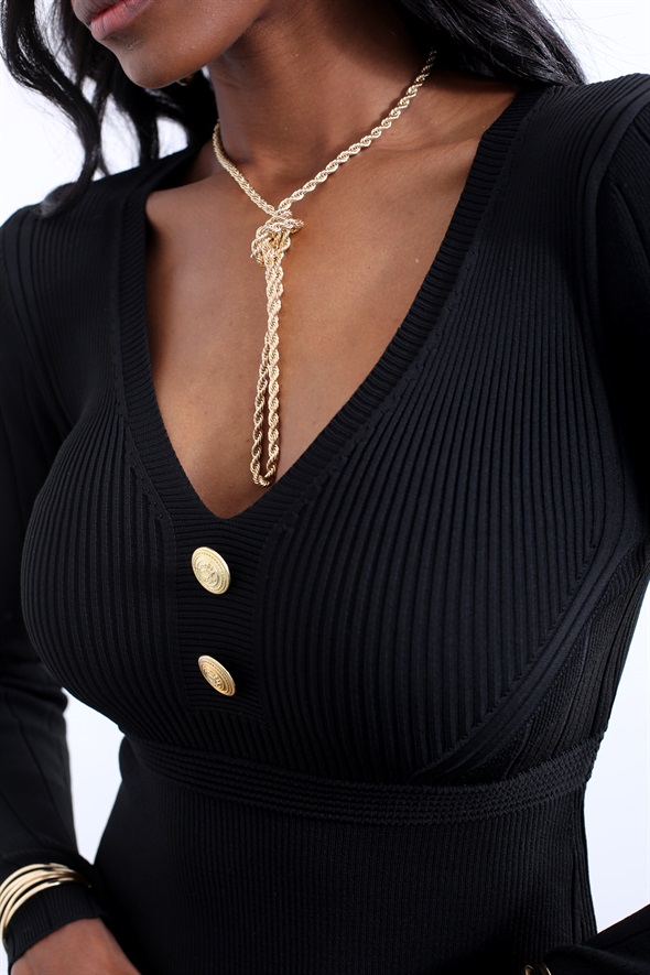 Siyah Gold Düğmeli Triko Elbise 280065