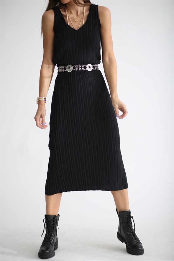 Siyah Kalın Fitilli Beli Lastikli Elbise 2547