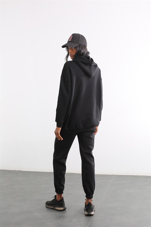Siyah Kapüşonlu Sweatshirt Takım 3828
