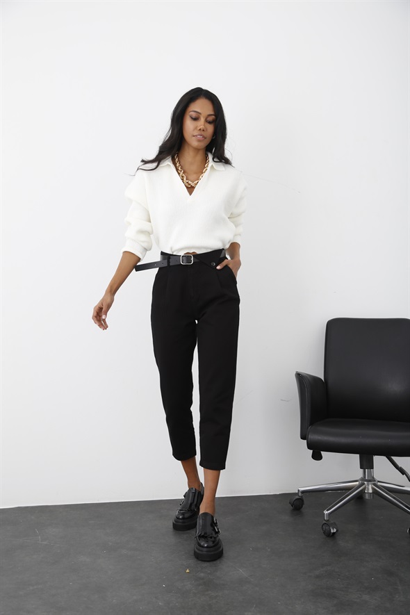 Siyah Kemerli Gabardin Pantolon 3455