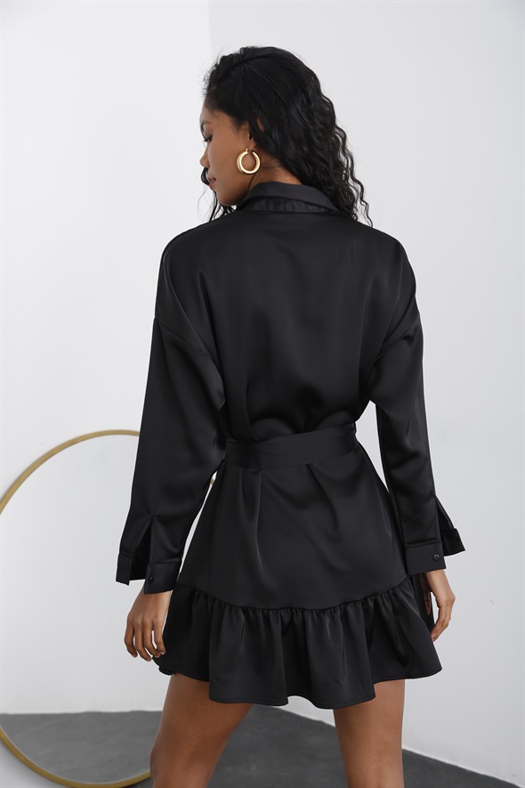 Siyah Kuşaklı Saten Elbise 4031