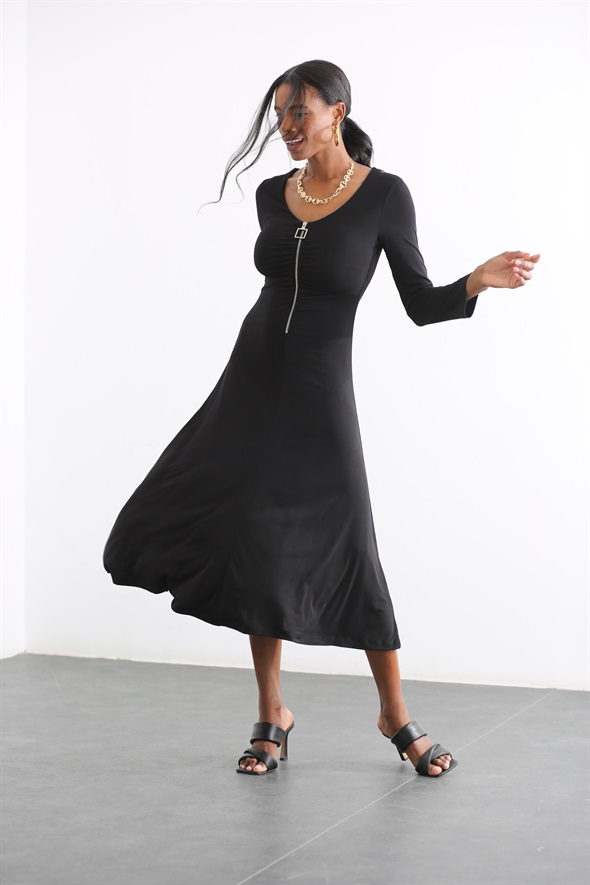 Siyah Önü Fermuarlı Elbise 13530