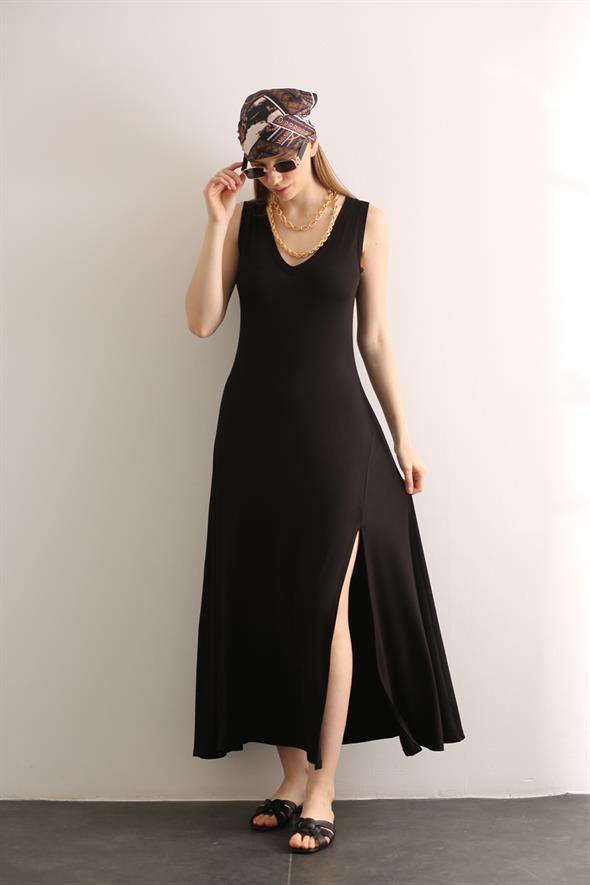 Siyah Önü Yırtmaçlı Penye Elbise 261032