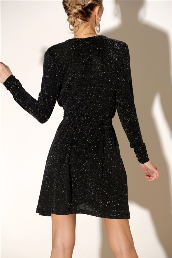Siyah Simli Kruvaze Elbise-3004