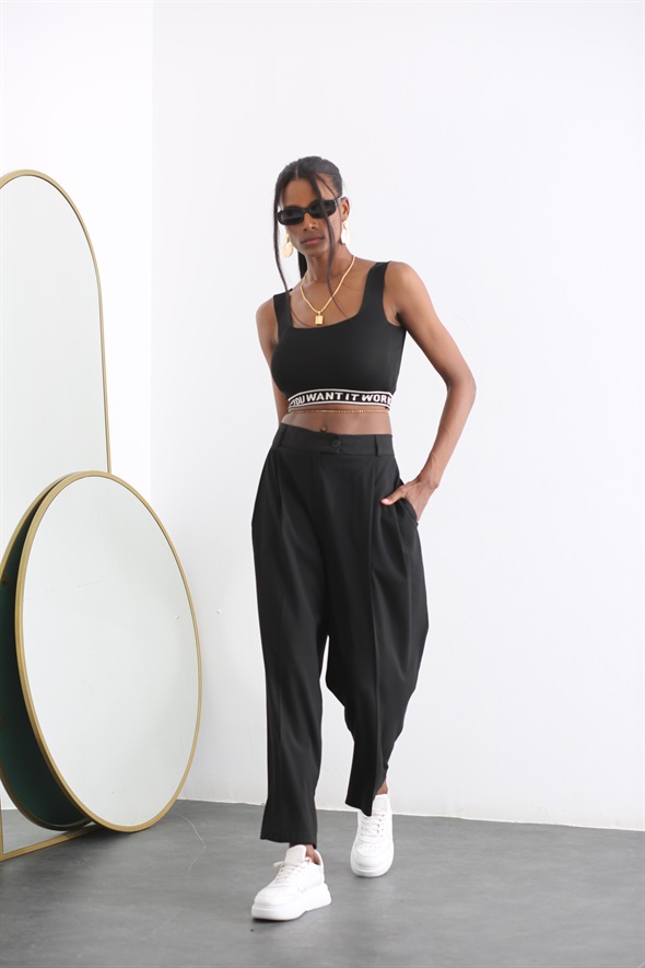 Siyah Slogan Detaylı Crop 80010