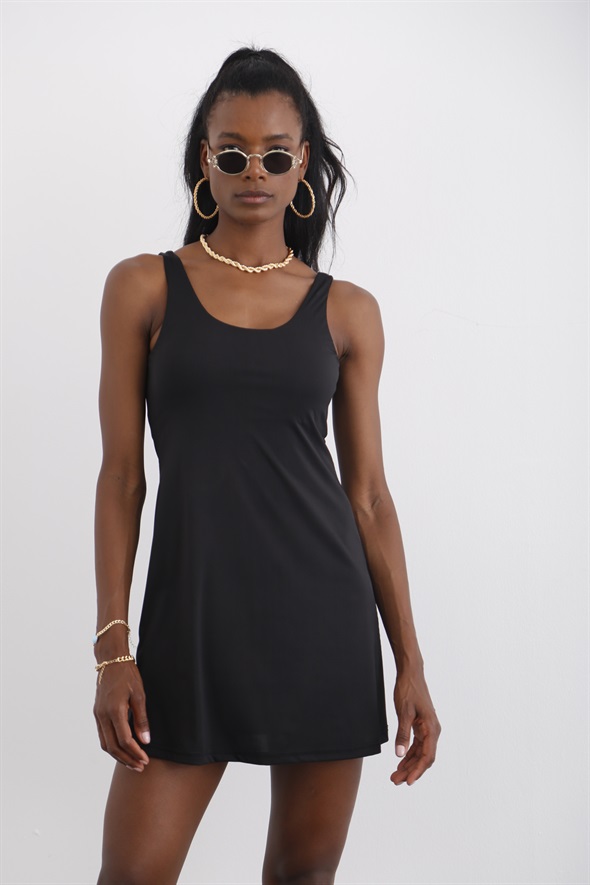 Siyah U Yaka Mini Şort Elbise 232219