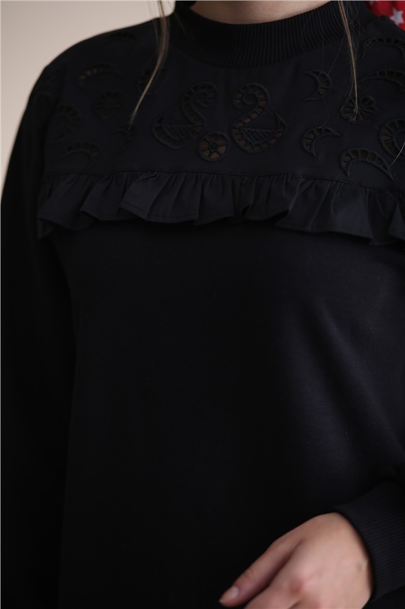 Siyah Uzun Kol Nakışlı Elbise 2869
