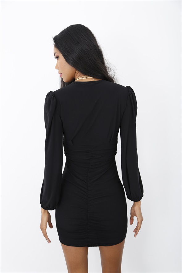 Siyah V Yaka Büzgülü Elbise 0078