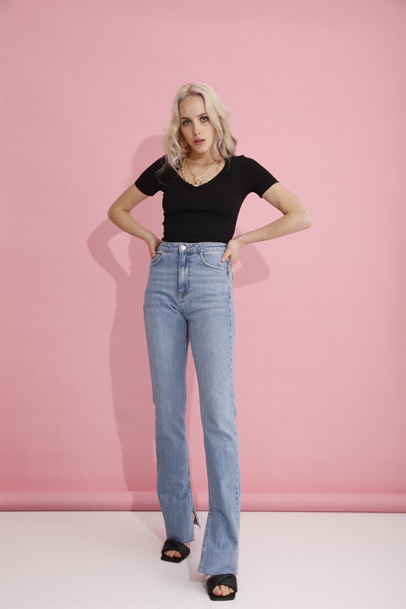 Siyah V Yaka Fitilli Tshirt 4159