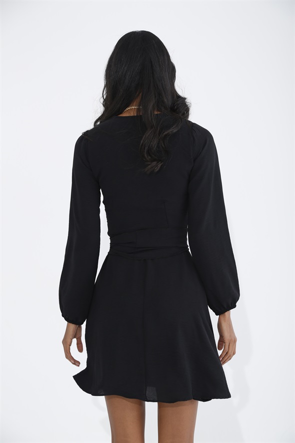 Siyah V Yaka Kuşaklı Elbise 0112