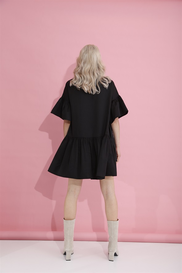 Siyah Volanlı Parçalı Elbise 28551
