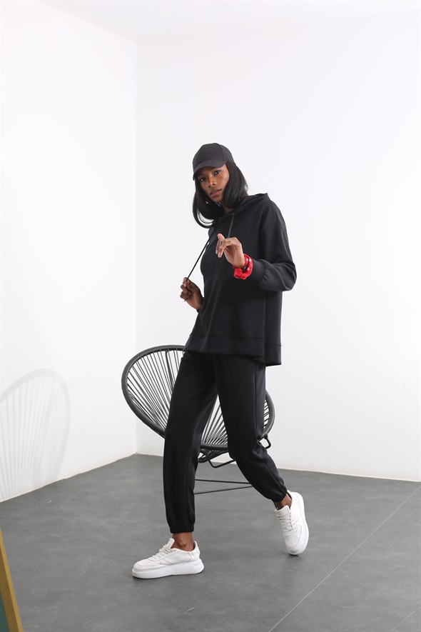Siyah Yanı Yırtmaçlı Modal Sweatshirt Takım 
