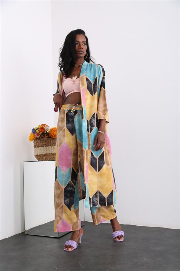 Turkuaz Desenli Kimono Takım 96067