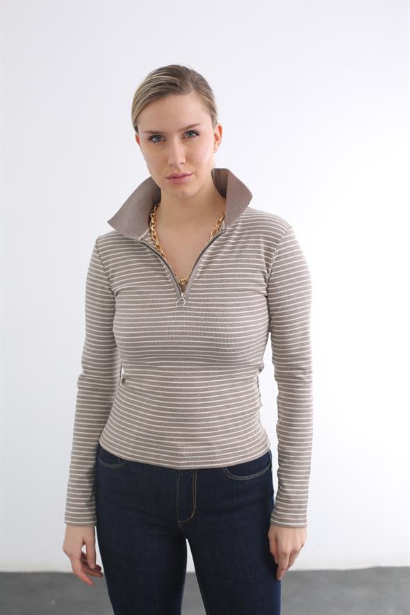 Vizon Polo Yaka Fermuarlı Bluz 4664