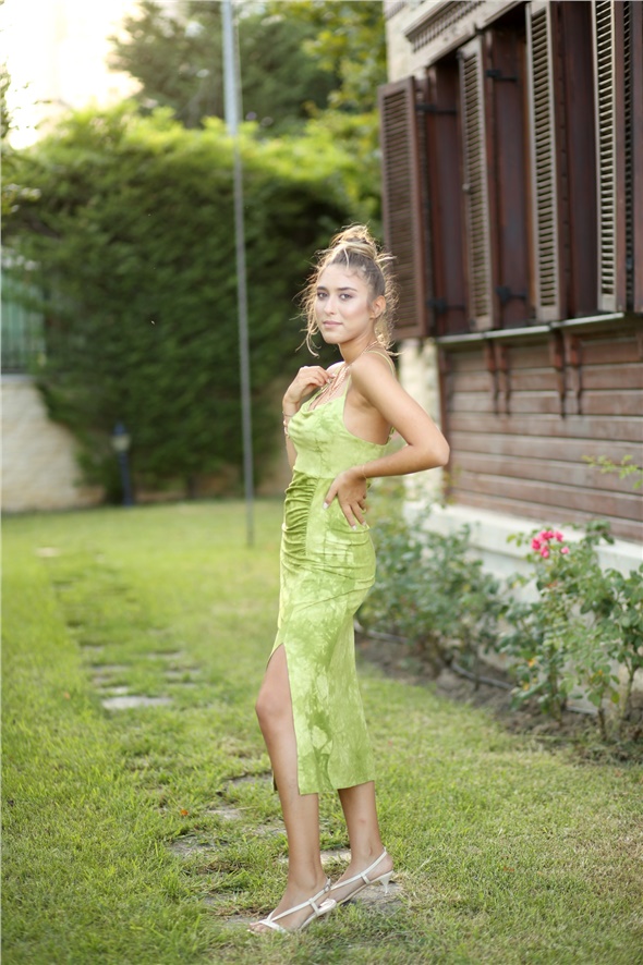 Yeşil Batik Desen Askılı Elbise 1029