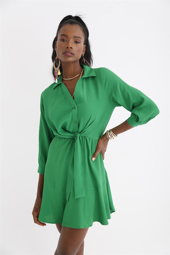 Yeşil Düğüm Detaylı Krep Elbise 