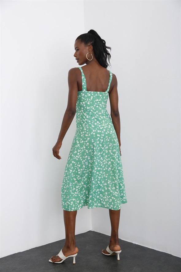 Yeşil Kalın Askılı Desenli Elbise 3183