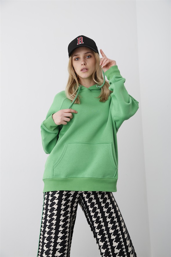 Yeşil Kapüşonlu Şardonlu Sweatshirt 4009