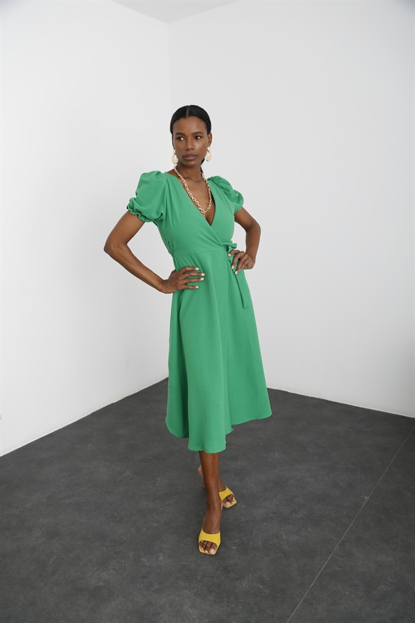 Yeşil Keten Dokulu Anvelop Elbise 2194