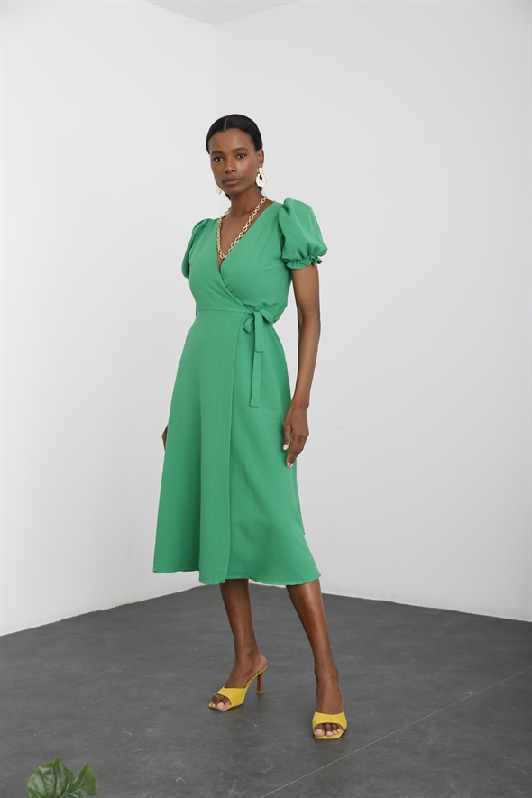 Yeşil Keten Dokulu Anvelop Elbise 2194