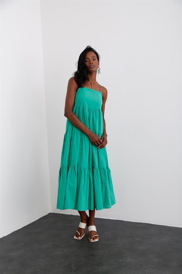 Yeşil Spagetti Askılı Katlı Elbise 3818