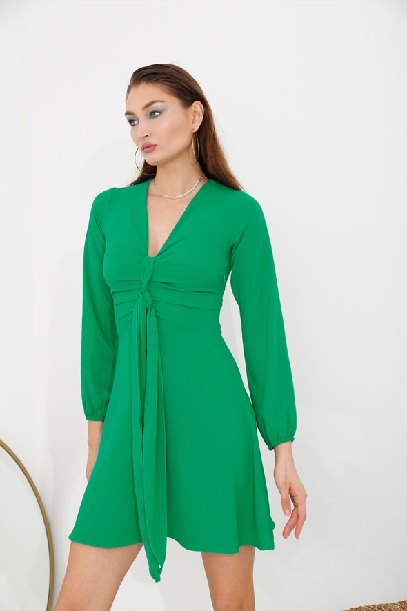 Yeşil V Yaka Kuşaklı Elbise 0112