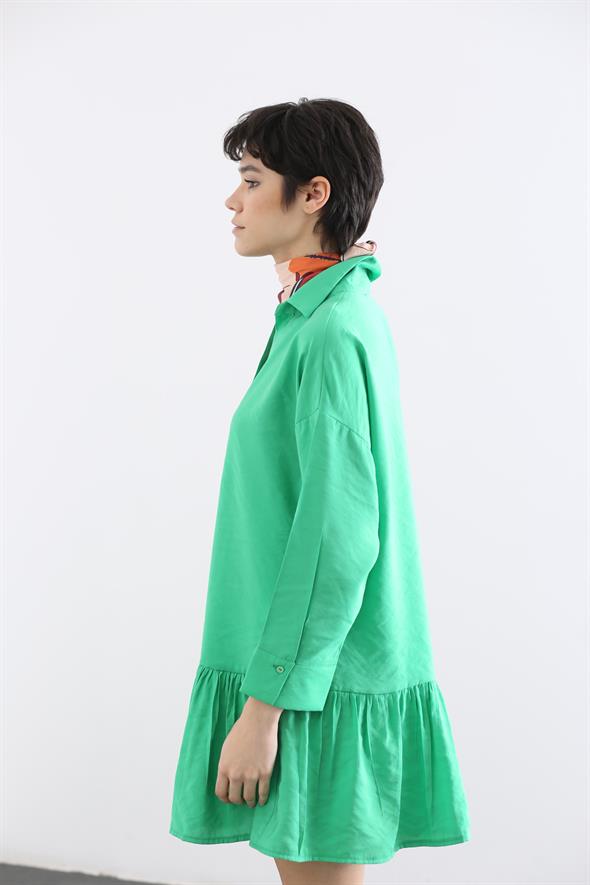 Yeşil Volanlı Gömlek Elbise 