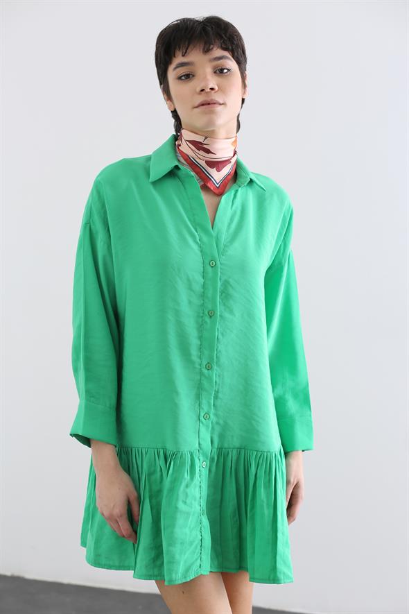 Yeşil Volanlı Gömlek Elbise 