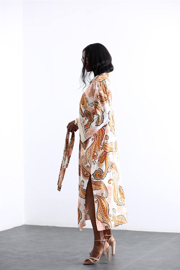 Turuncu Şal Desen Kuşaklı Kimono 0801