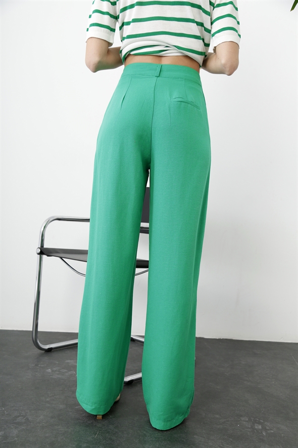 Yeşil Geniş Paça Keten Pantolon 0124