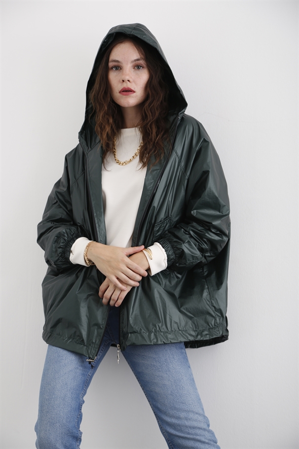 Yeşil Kapüşonlu Oversize Yağmurluk 1007
