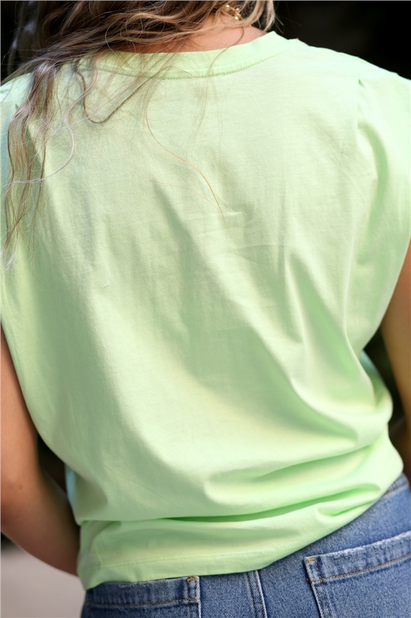 Yeşil Neon Omuzu Pili Detaylı Tshirt 