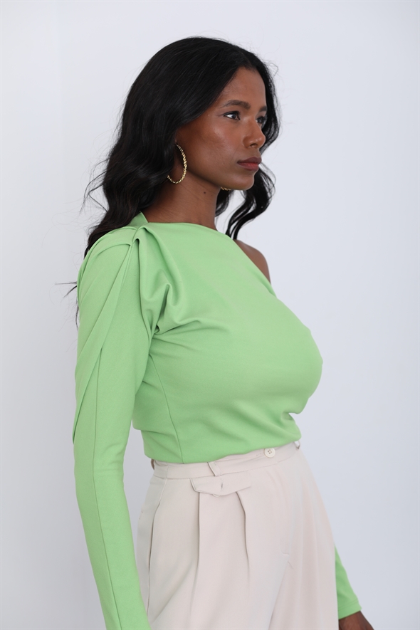 Yeşil Omzu Drape Detaylı Bluz 14161