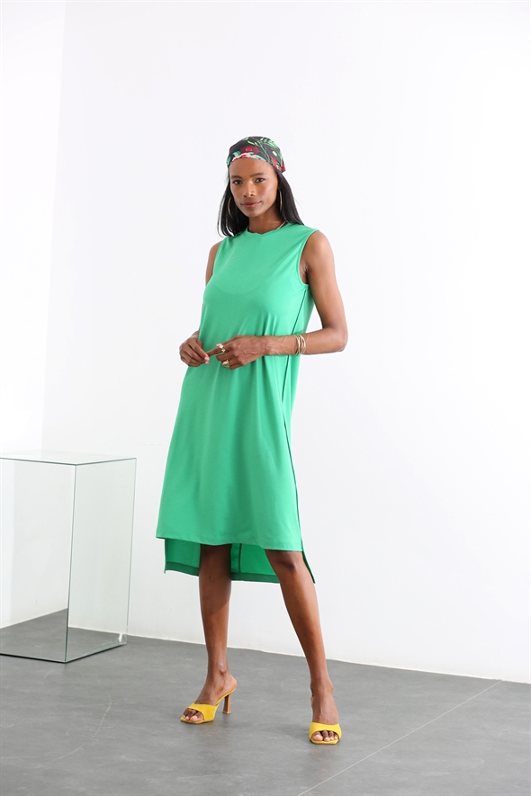 Yeşil Sıfır Kol Salaş Elbise 3835