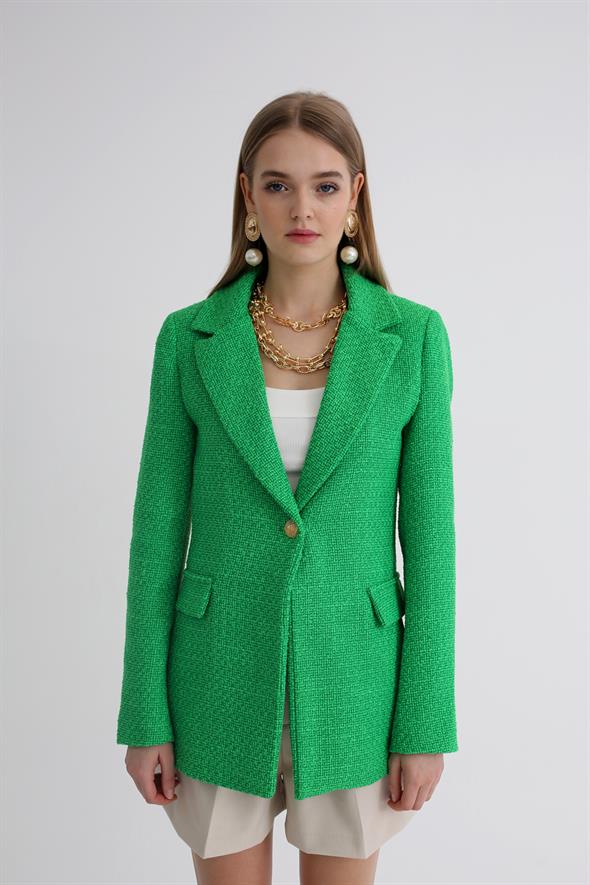 Yeşil Tek Düğmeli Tüvit Blazer Ceket 
