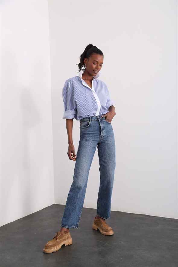Yıkamalı Mavi Yüksek Bel Straight Fit Jean 