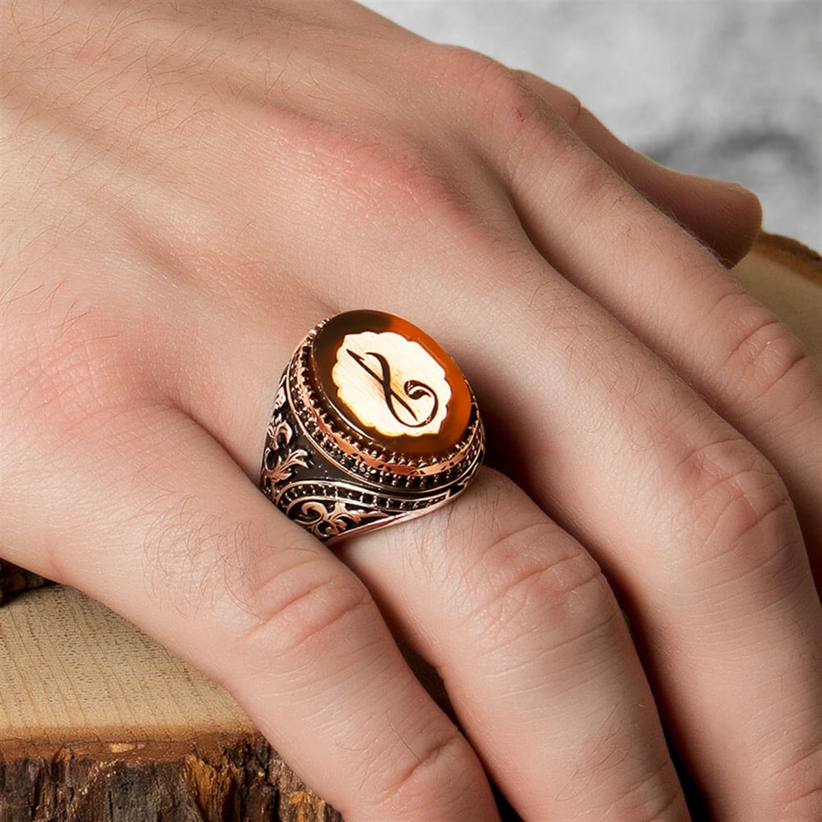 Silver Ring with Amber Stone with Elif Vav Motif - Vav Silver